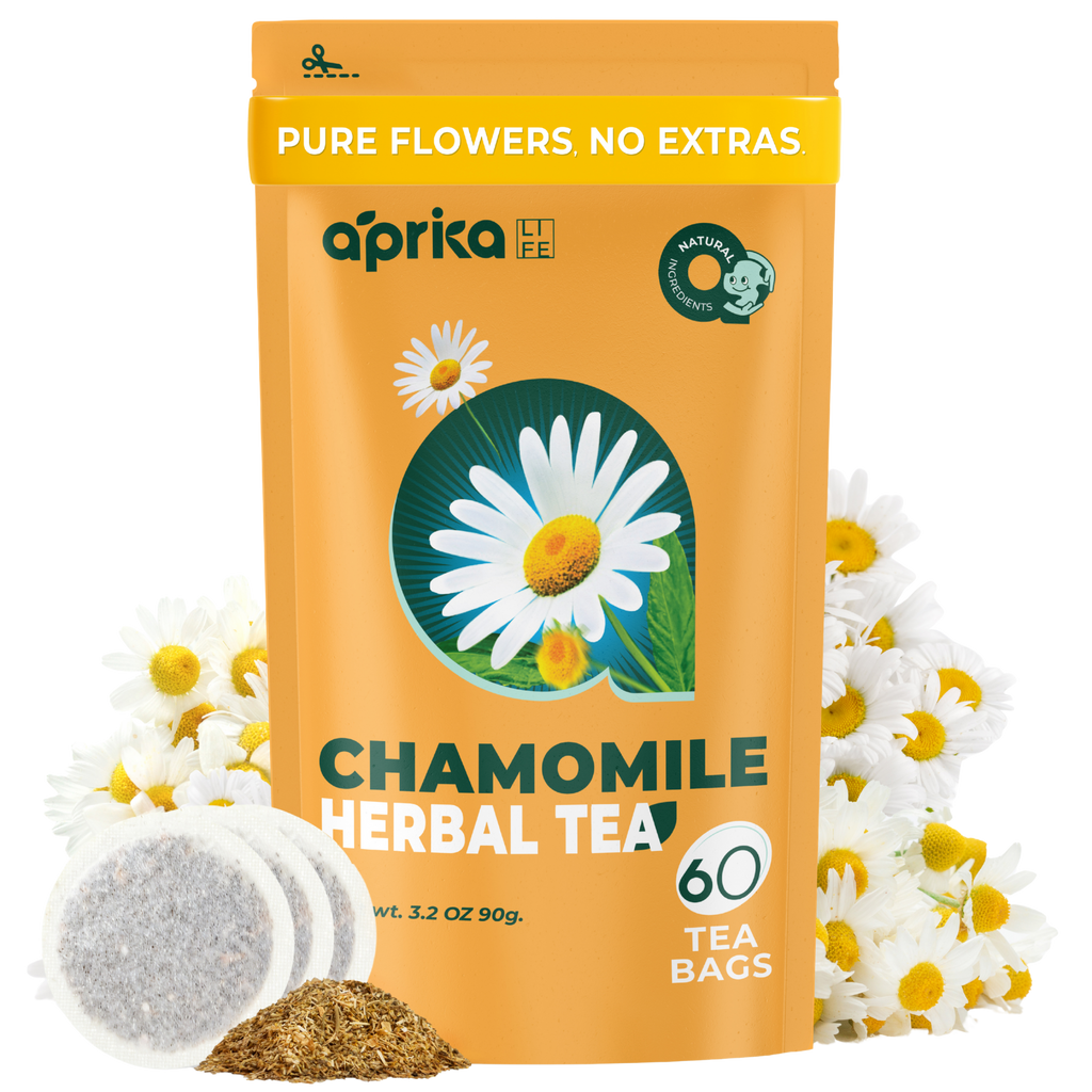 The 100% Pure Chamomile Herbal Tea, 60 Bags package features chamomile flowers and tea bags, providing a calming, caffeine-free herbal tea experience.
