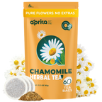 The 100% Pure Chamomile Herbal Tea, 60 Bags package features chamomile flowers and tea bags, providing a calming, caffeine-free herbal tea experience.