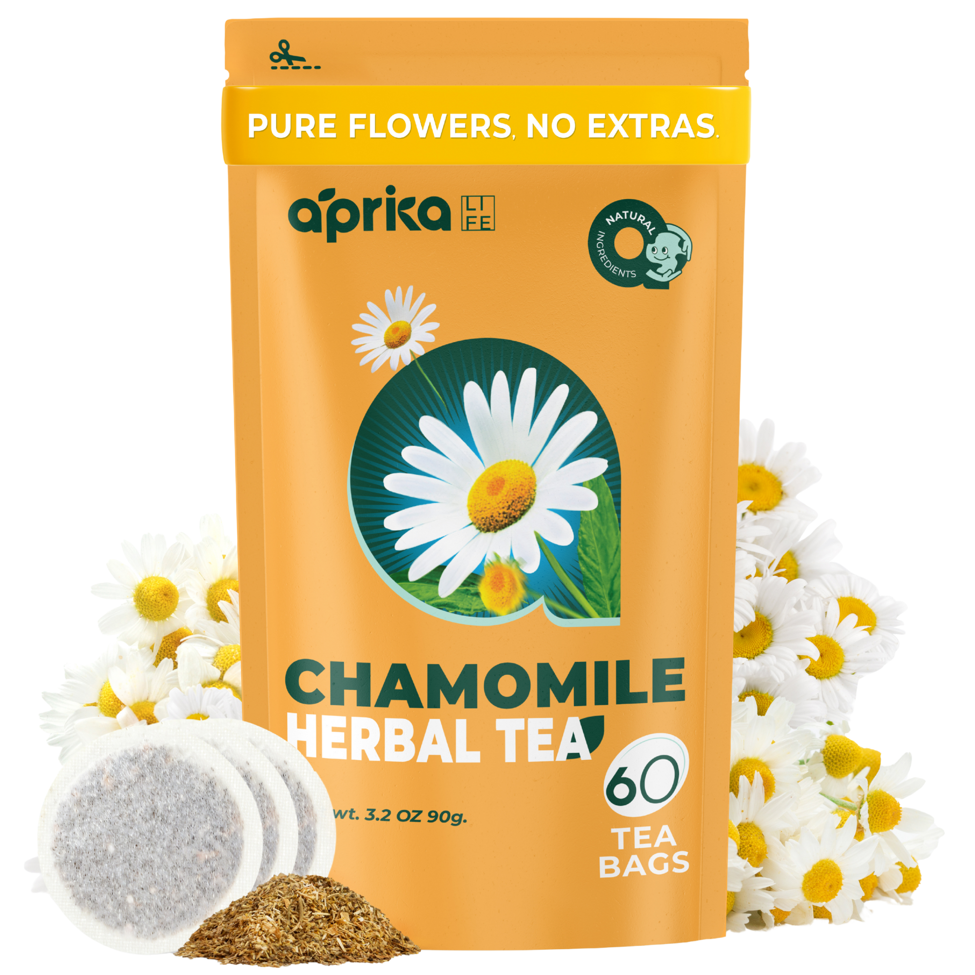 The 100% Pure Chamomile Herbal Tea, 60 Bags package features chamomile flowers and tea bags, providing a calming, caffeine-free herbal tea experience.