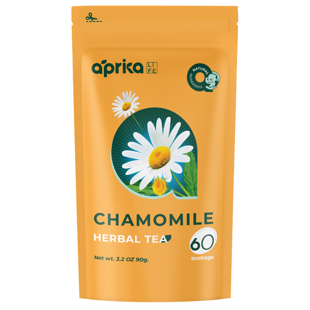 The orange bag of Aprika Life 100% Pure Chamomile Herbal Tea, 60 Bags, features chamomile flowers and “60 teabags” on the front. Enjoy this caffeine-free tea for a soothing experience any time of day.