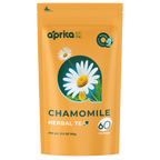 The orange bag of Aprika Life 100% Pure Chamomile Herbal Tea, 60 Bags, features chamomile flowers and “60 teabags” on the front. Enjoy this caffeine-free tea for a soothing experience any time of day.