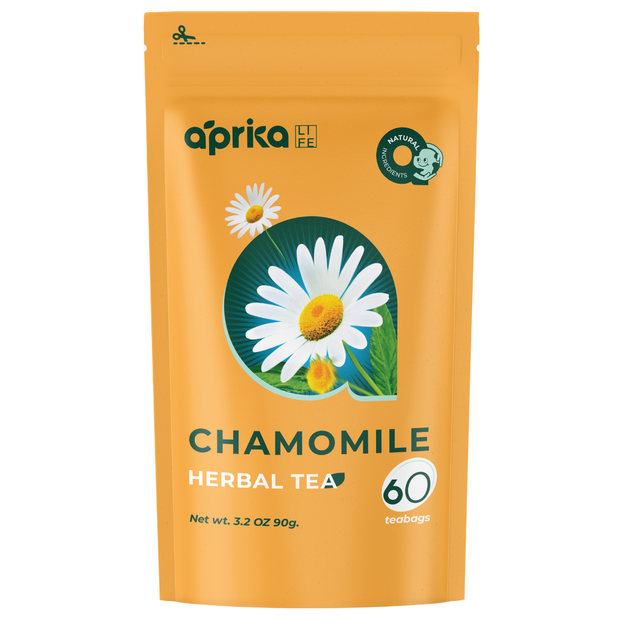 The orange bag of Aprika Life 100% Pure Chamomile Herbal Tea, 60 Bags, features chamomile flowers and “60 teabags” on the front. Enjoy this caffeine-free tea for a soothing experience any time of day.