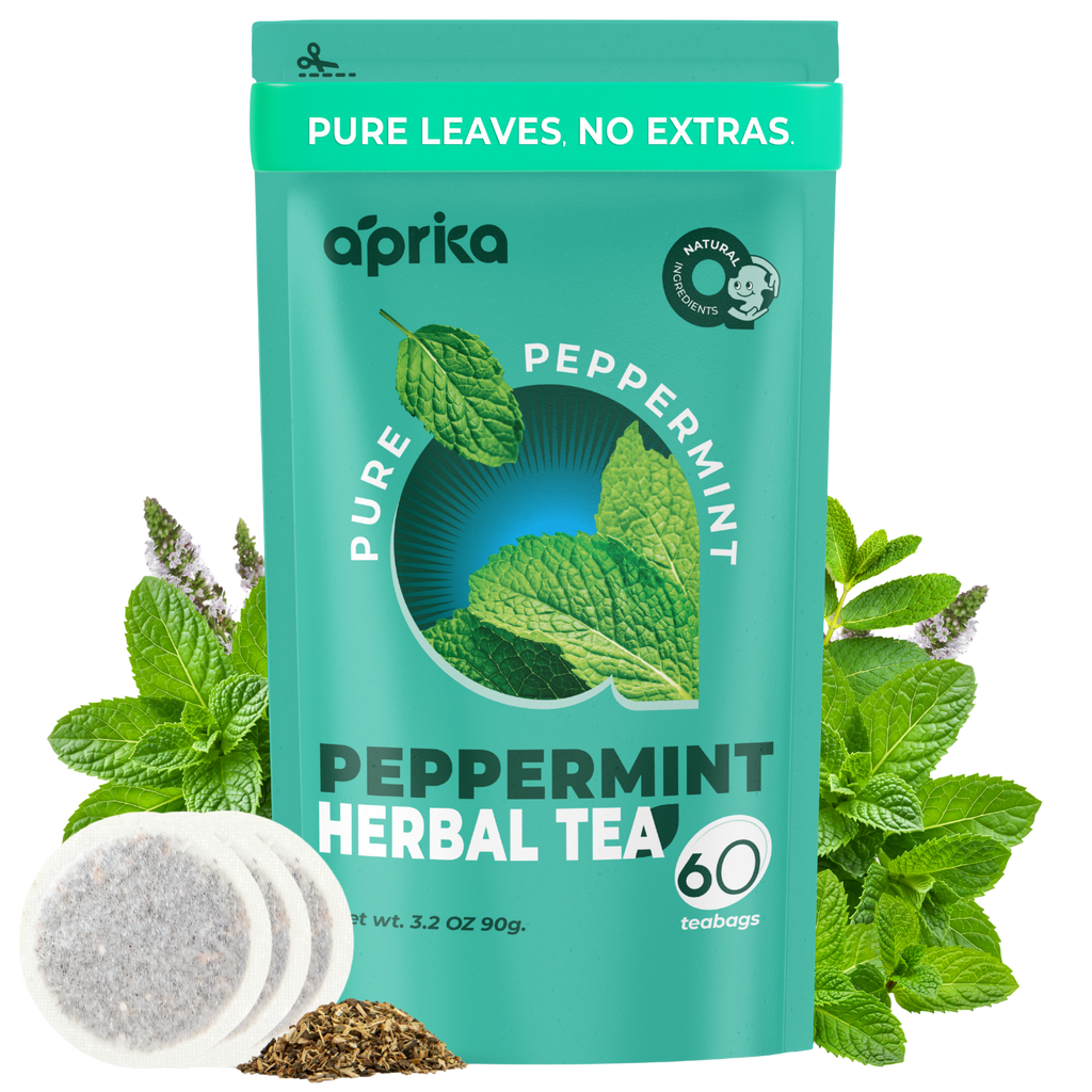 A box of 100% Pure Peppermint Herbal Tea, 60 Bags, surrounded by mint leaves and seeds—ideal for a wellness-focused, caffeine-free peppermint tea experience.