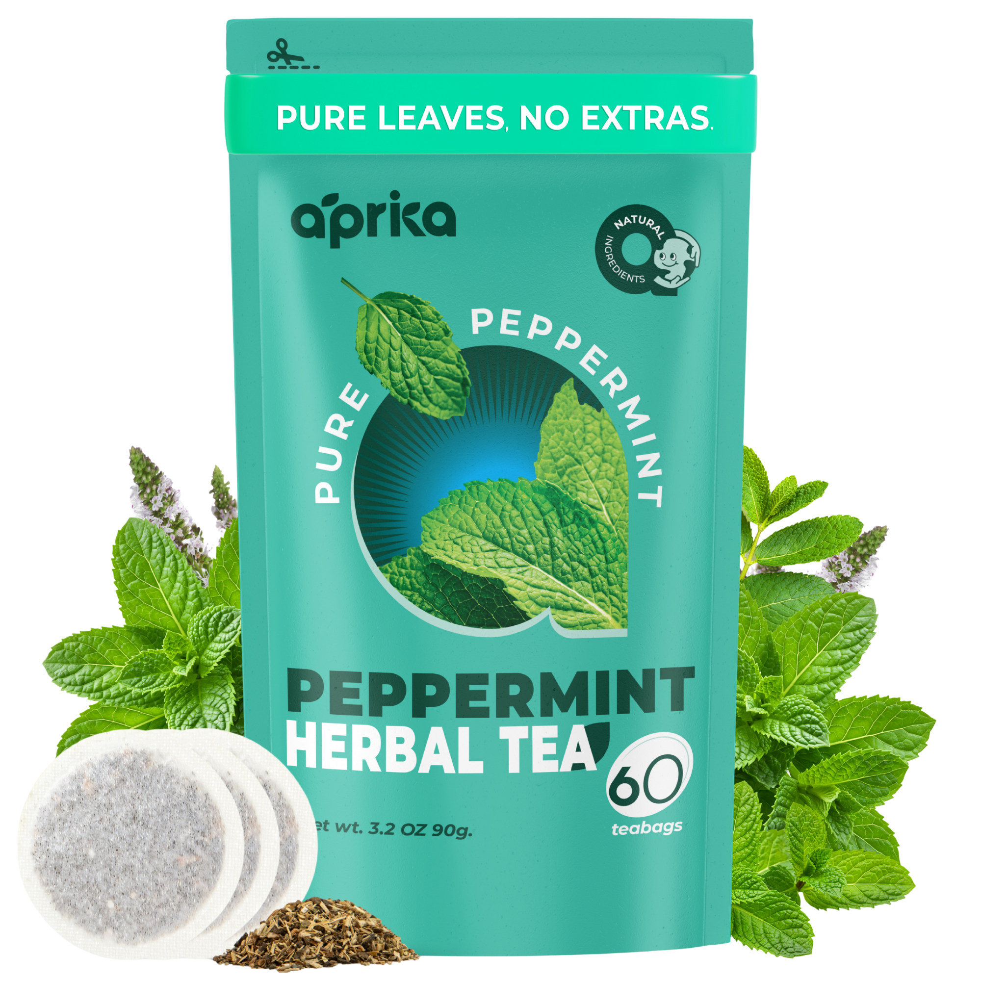 A box of 100% Pure Peppermint Herbal Tea, 60 Bags, surrounded by mint leaves and seeds—ideal for a wellness-focused, caffeine-free peppermint tea experience.