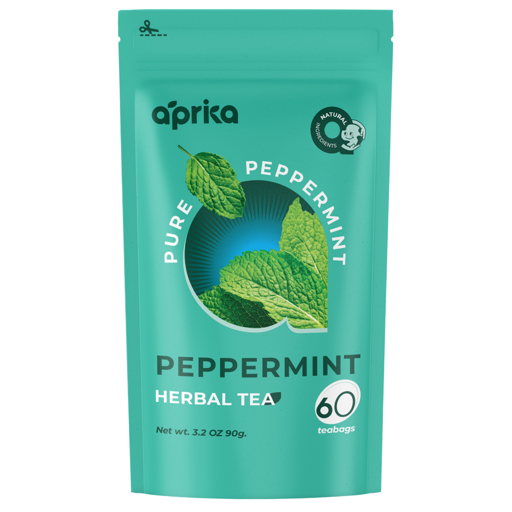 Teal pouch of 100% Pure Peppermint Herbal Tea, 60 Bags, with mint leaves—perfect for a wellness-focused, caffeine-free peppermint tea experience.