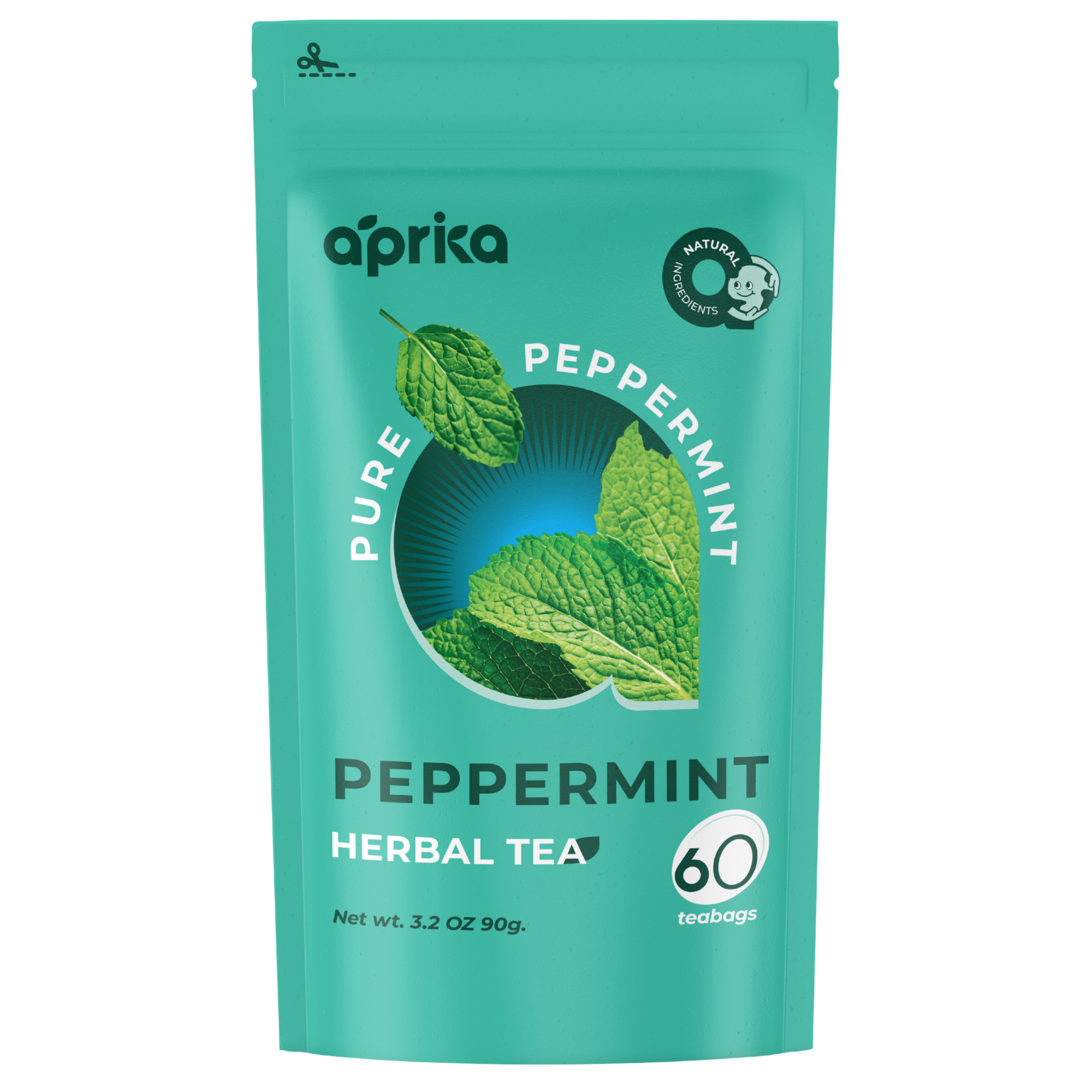Teal pouch of 100% Pure Peppermint Herbal Tea, 60 Bags, with mint leaves—perfect for a wellness-focused, caffeine-free peppermint tea experience.