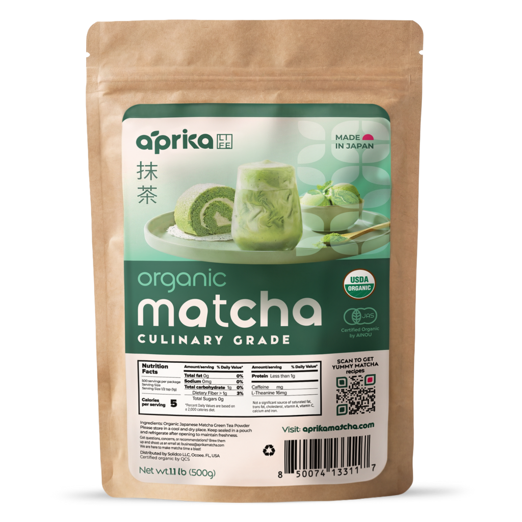 A brown bag labeled "Culinary Grade Matcha Powder for Latte, Smoothies and Recipes - 1.1 LB" featuring images of desserts and a matcha latte.