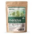 A brown bag labeled "Culinary Grade Matcha Powder for Latte, Smoothies and Recipes - 1.1 LB" featuring images of desserts and a matcha latte.