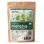 A brown bag labeled "Culinary Grade Matcha Powder for Latte, Smoothies and Recipes - 1.1 LB" featuring images of desserts and a matcha latte.