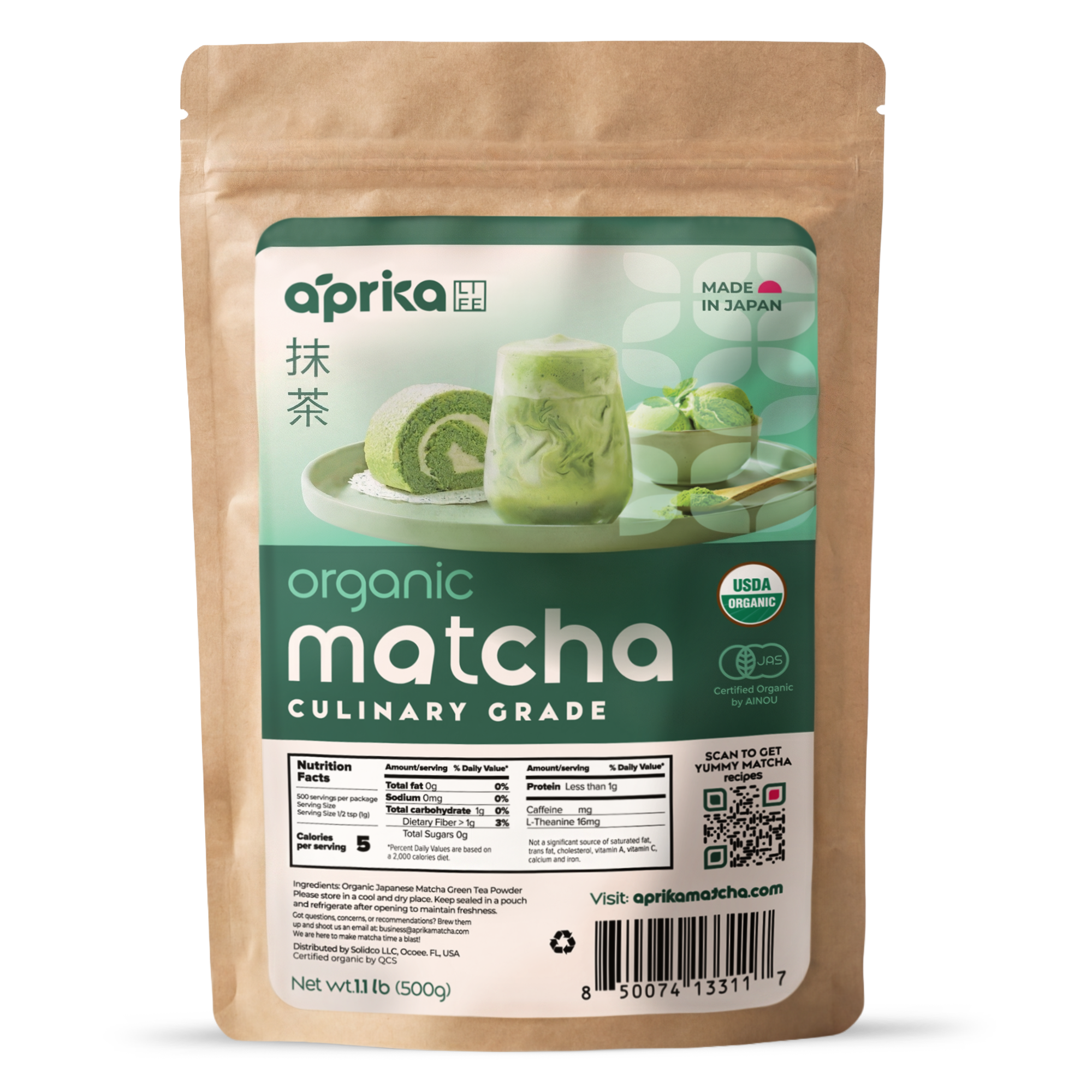 A brown bag labeled "Culinary Grade Matcha Powder for Latte, Smoothies and Recipes - 1.1 LB" featuring images of desserts and a matcha latte.