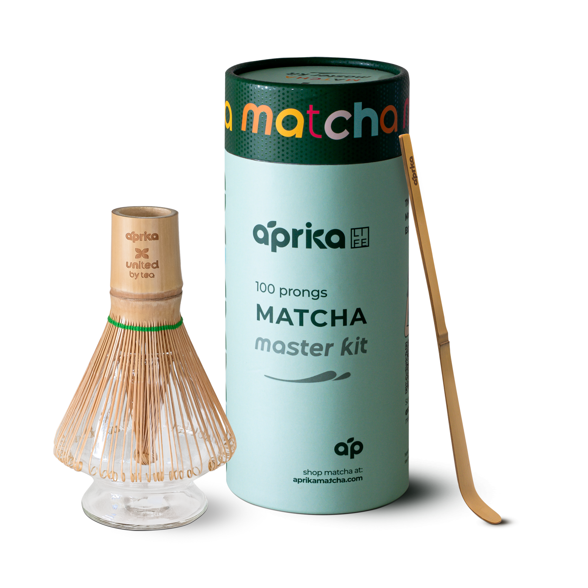 Explore the Matcha Bamboo Whisk & Holder Set, featuring a bamboo scoop and a premium matcha whisk, elegantly packaged in a sleek cylindrical design.