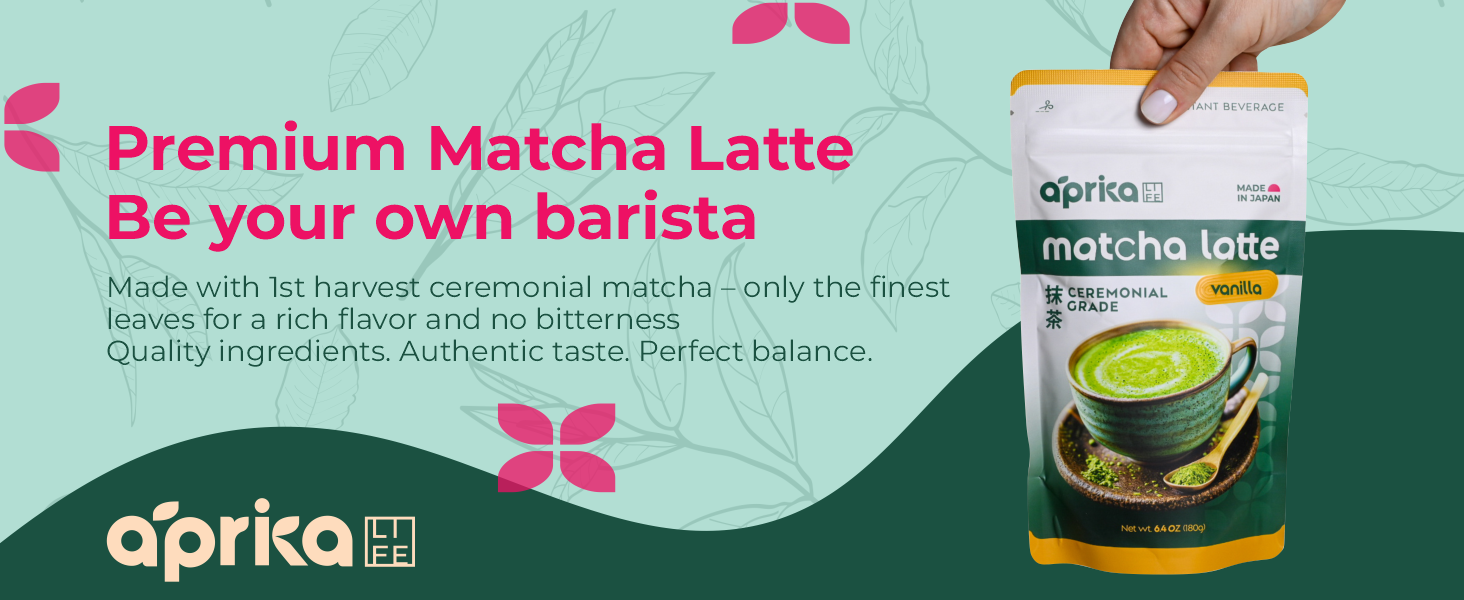 A hand holds a bag of áprika matcha latte vanilla against a green background with pink leaves and text.