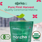 The "Organic Japanese Ceremonial Grade Matcha Green Tea Powder" in a green package ensures quality with USDA and JAS organic logos, ideal for traditional tea ceremonies.