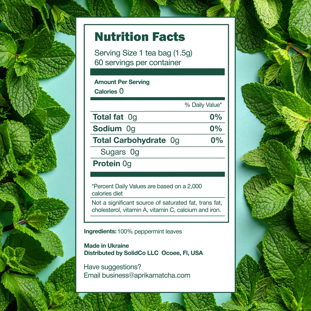 Nutrition facts label for 100% Pure Peppermint Herbal Tea, 60 Bags shown over fresh peppermint leaves, highlighting a caffeine-free, wellness-focused choice.