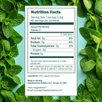Nutrition facts label for 100% Pure Peppermint Herbal Tea, 60 Bags shown over fresh peppermint leaves, highlighting a caffeine-free, wellness-focused choice.