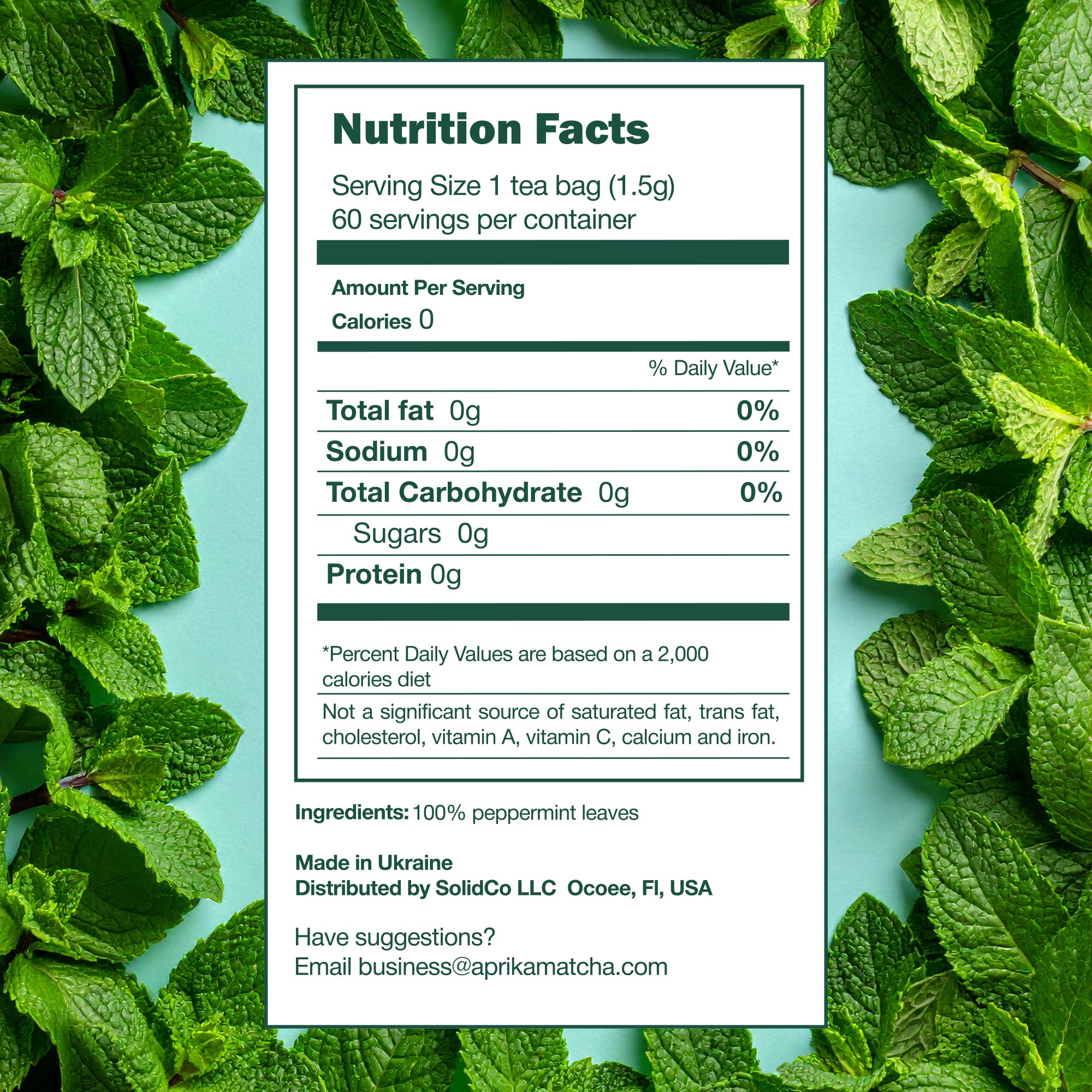Nutrition facts label for 100% Pure Peppermint Herbal Tea, 60 Bags shown over fresh peppermint leaves, highlighting a caffeine-free, wellness-focused choice.