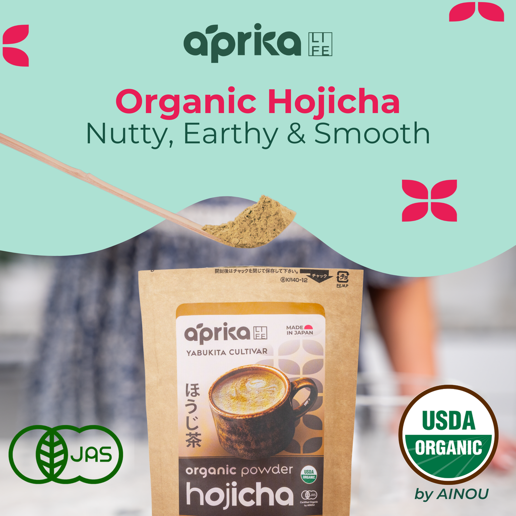 Organic hojicha powder with spoon and certifications