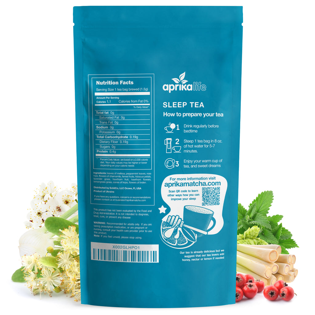 A blue "Herbal Sleep Tea, 60 Bags" pack with instructions, surrounded by herbs and flowers, showcases this caffeine-free tea blend designed to promote relaxation.