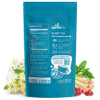 A blue "Herbal Sleep Tea, 60 Bags" pack with instructions, surrounded by herbs and flowers, showcases this caffeine-free tea blend designed to promote relaxation.