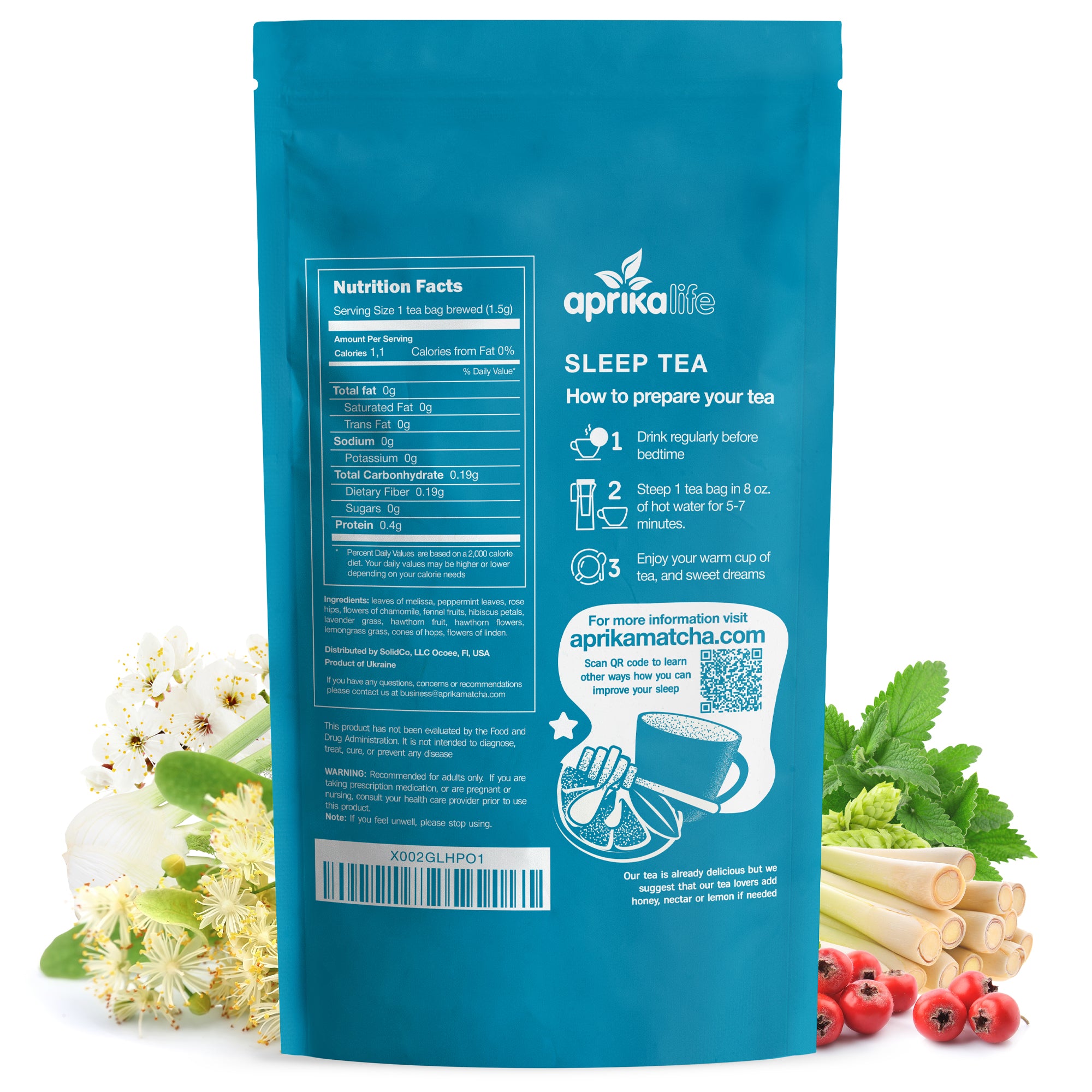 A blue "Herbal Sleep Tea, 60 Bags" pack with instructions, surrounded by herbs and flowers, showcases this caffeine-free tea blend designed to promote relaxation.
