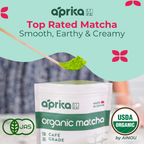A person holds a package of Organic Japanese Matcha Green Tea Powder, showcasing a green spoonful and the text: "Top Rated Matcha, Smooth, Earthy & Creamy." Experience the richness of Premium Japanese Yabukita Matcha.
