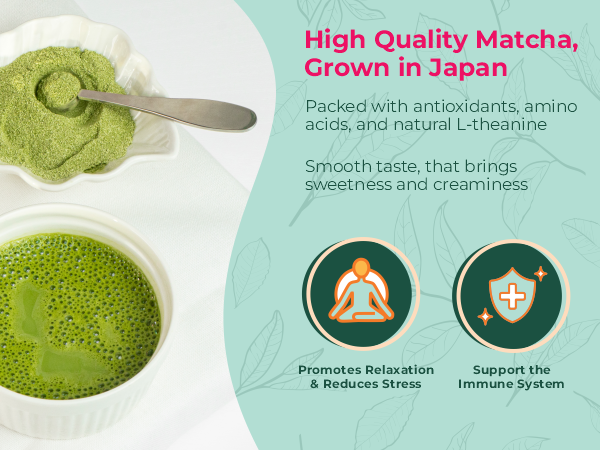Bowl of matcha tea and dish of matcha powder with text about its health benefits and Japanese origin.
