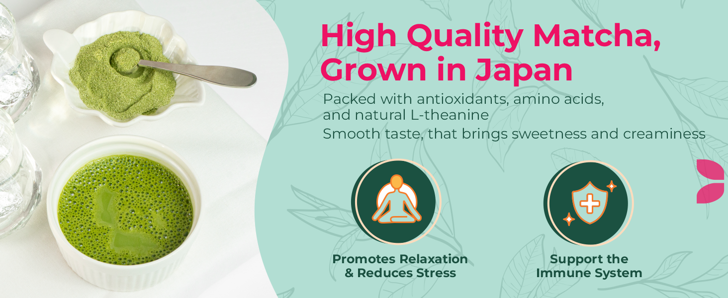 A bowl and dish of matcha with text promoting Japanese matcha’s health benefits: relaxation and immune support.