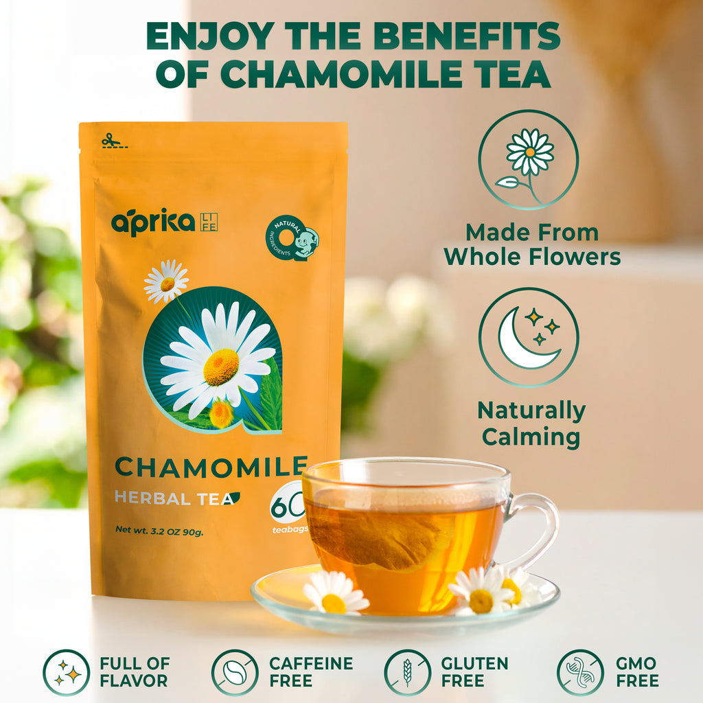 A box of 100% Pure Chamomile Herbal Tea (60 Bags), a glass teacup of caffeine-free tea, and chamomile flowers displayed on a table with product benefits shown.
