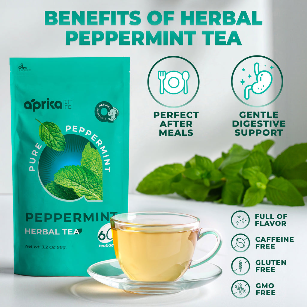 A cup of 100% Pure Peppermint Herbal Tea (caffeine-free, 60 bags) with wellness icons showcasing the health benefits of this herbal tea.