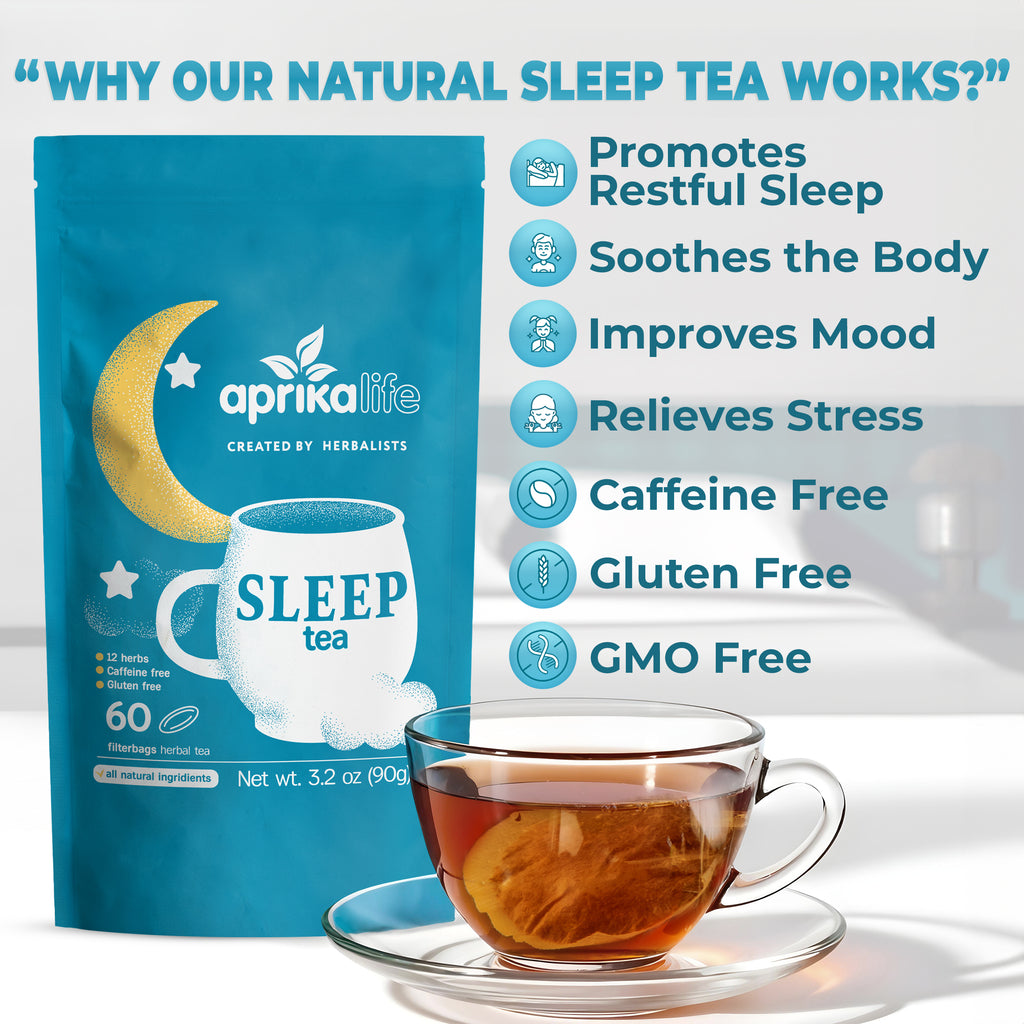 A package of Herbal Sleep Tea, 60 Bags—a caffeine-free tea for relaxation and restful sleep—plus a glass teacup, with benefits like stress relief and improved sleep quality listed.
