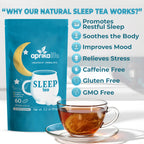 A package of Herbal Sleep Tea, 60 Bags—a caffeine-free tea for relaxation and restful sleep—plus a glass teacup, with benefits like stress relief and improved sleep quality listed.