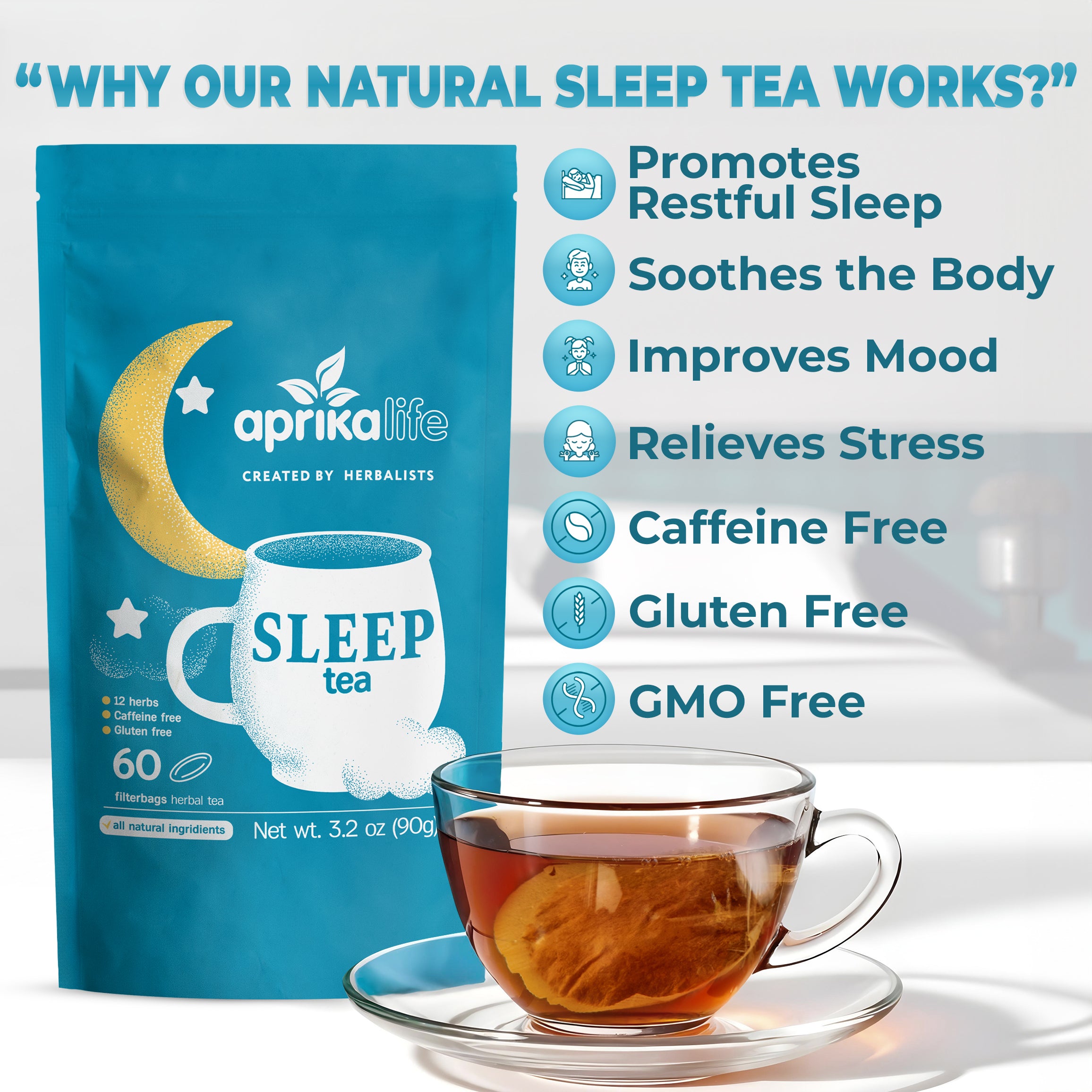A package of Herbal Sleep Tea, 60 Bags—a caffeine-free tea for relaxation and restful sleep—plus a glass teacup, with benefits like stress relief and improved sleep quality listed.