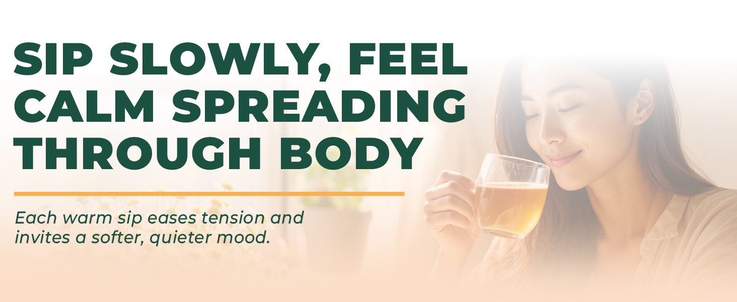 Woman sipping tea and smiling, with text: "Sip slowly, feel calm spreading through body.