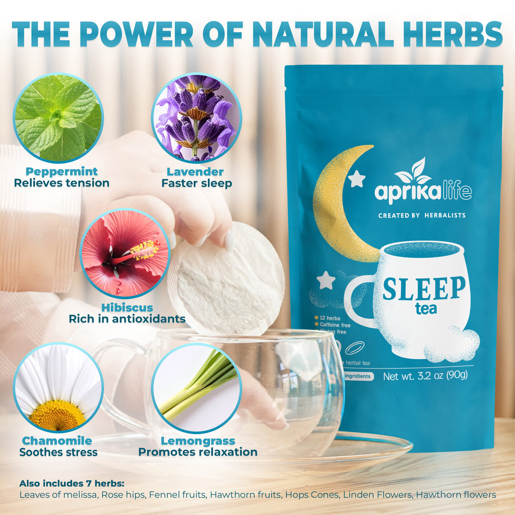 Herbal Sleep Tea, 60 Bags package shows relaxing herbs and their benefits, featuring a hand dipping a caffeine-free tea bag into a clear cup for ultimate relaxation.
