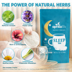 Herbal Sleep Tea, 60 Bags package shows relaxing herbs and their benefits, featuring a hand dipping a caffeine-free tea bag into a clear cup for ultimate relaxation.
