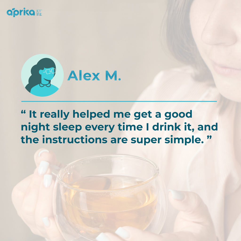 A person holds a glass cup of Herbal Sleep Tea, 60 Bags—praised in a testimonial for its relaxing effects on sleep and featuring simple instructions.