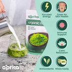 Someone pours milk into a glass of Organic Japanese Matcha Green Tea Powder on a marble counter, unveiling the premium hue. Simple icons showcase the benefits of authentic Japanese Yabukita Matcha.