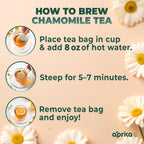 Discover how to brew 100% Pure Chamomile Herbal Tea, 60 Bags with step-by-step images featuring caffeine-free tea cups, chamomile flowers, and the brewing process.