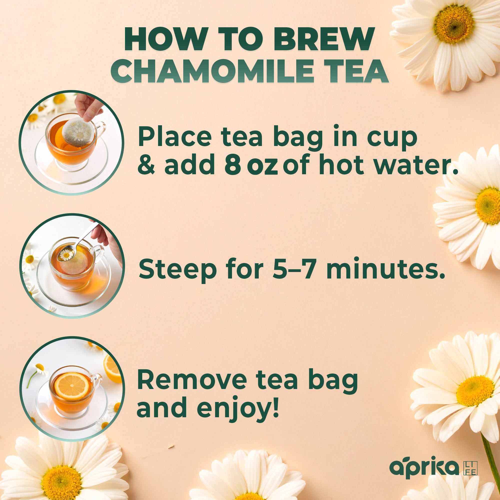 Discover how to brew 100% Pure Chamomile Herbal Tea, 60 Bags with step-by-step images featuring caffeine-free tea cups, chamomile flowers, and the brewing process.