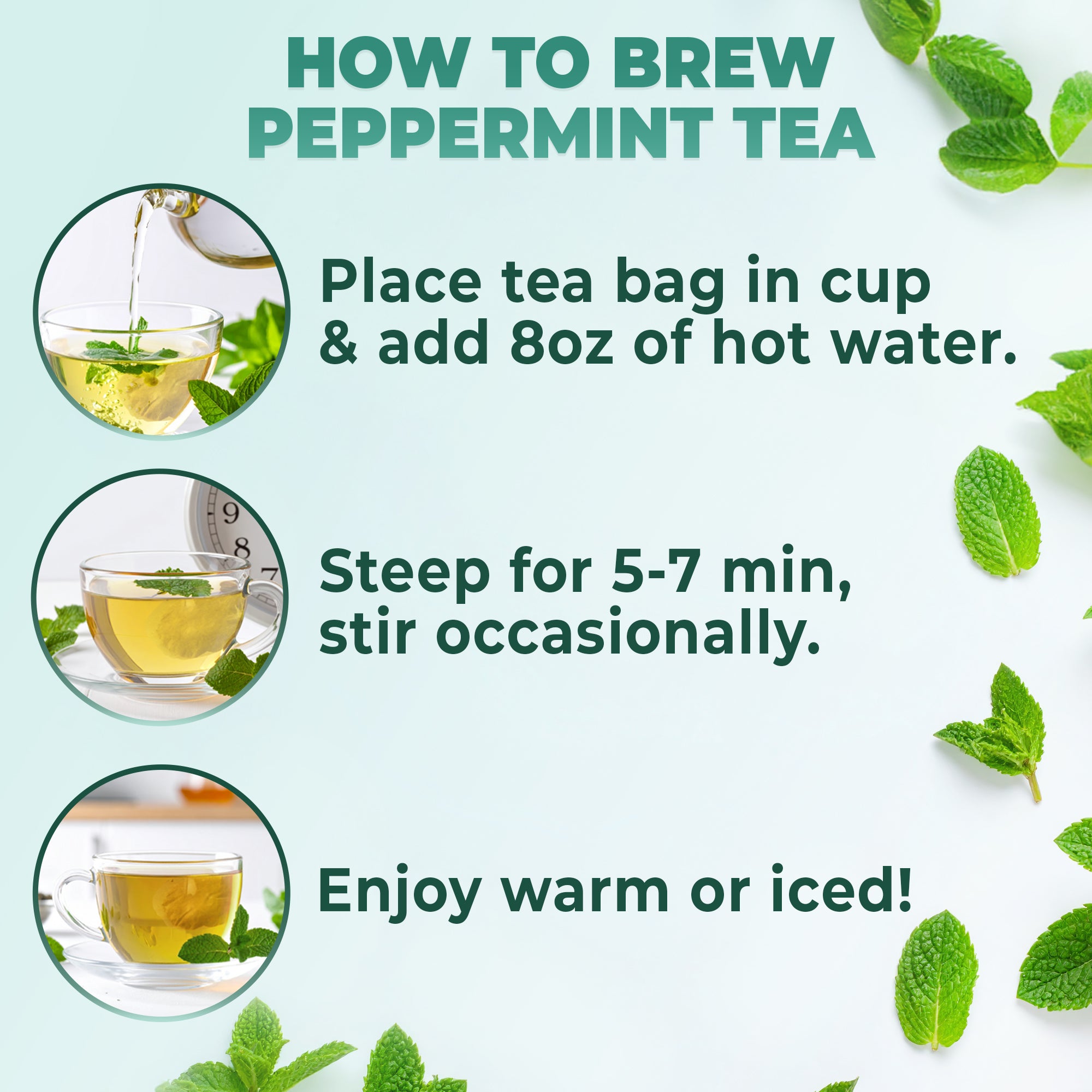 Instructional graphic showing steps to brew 100% Pure Peppermint Herbal Tea (60 Bags), a caffeine-free option for wellness, with images of tea cups and fresh mint leaves.