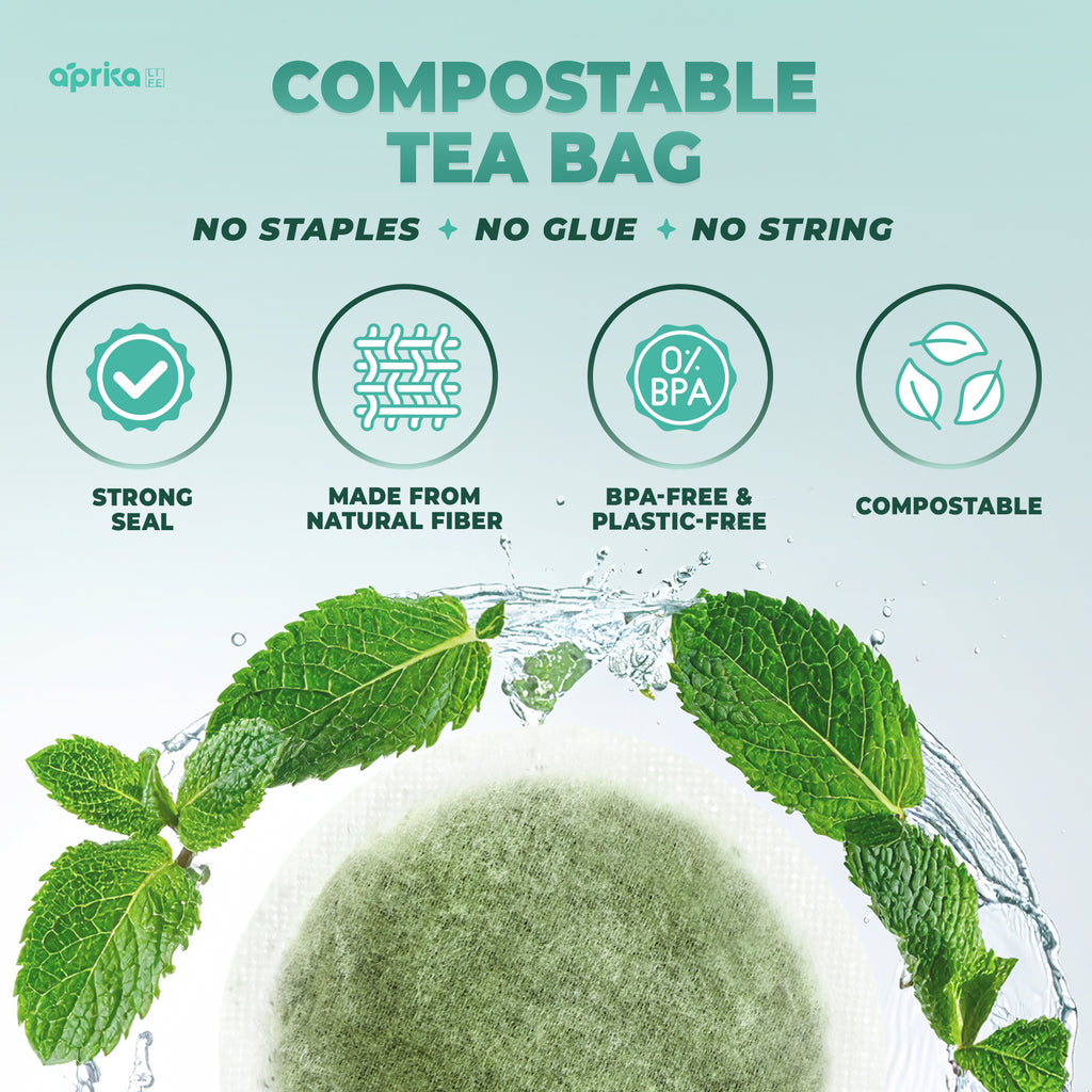 Round compostable tea bag with 100% Pure Peppermint Herbal Tea leaves, water splash, and icons for caffeine-free and wellness benefits, all set on a green background. Contains 60 bags.