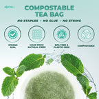 Round compostable tea bag with 100% Pure Peppermint Herbal Tea leaves, water splash, and icons for caffeine-free and wellness benefits, all set on a green background. Contains 60 bags.