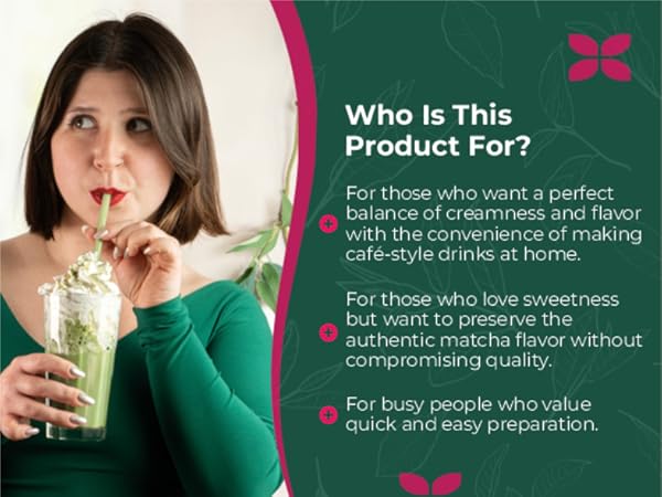 Woman with dark hair drinks green smoothie; text describes benefits of a convenient, creamy, café-style matcha drink.