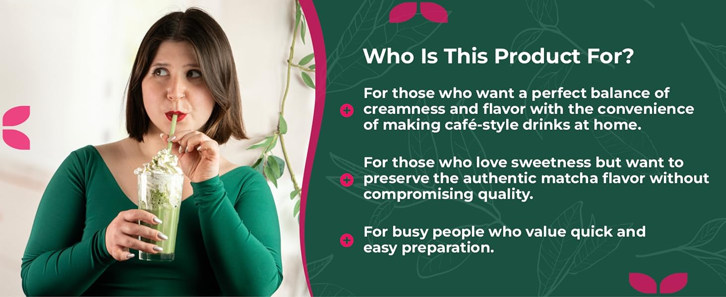 Woman sipping a green smoothie with product benefits for matcha lovers and busy people listed beside her.