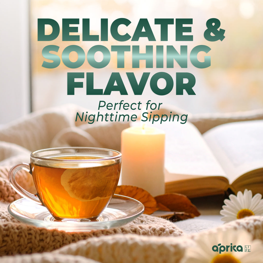 A cup of 100% Pure Chamomile Herbal Tea (60 Bags), a lit candle, and an open book rest on a cozy table with the words "Delicate & Soothing Flavor.