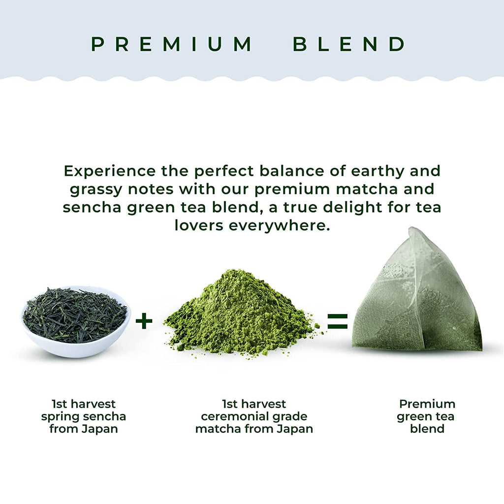 Experience the exquisite Japanese Matcha Green Tea Bags, expertly blending Japanese sencha with ceremonial-grade organic matcha for a rich flavor and natural benefits in every sip.