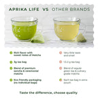 Compare Aprika Life and another tea brand to discover their unique flavors and sizes. Aprika Life excels with ceremonial-grade, organic Japanese Matcha Green Tea Bags, perfectly capturing authentic quality.