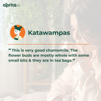 A woman enjoys 100% Pure Chamomile Herbal Tea, 60 Bags, next to a review praising its caffeine-free quality and the abundance of whole flowers in every tea bag.