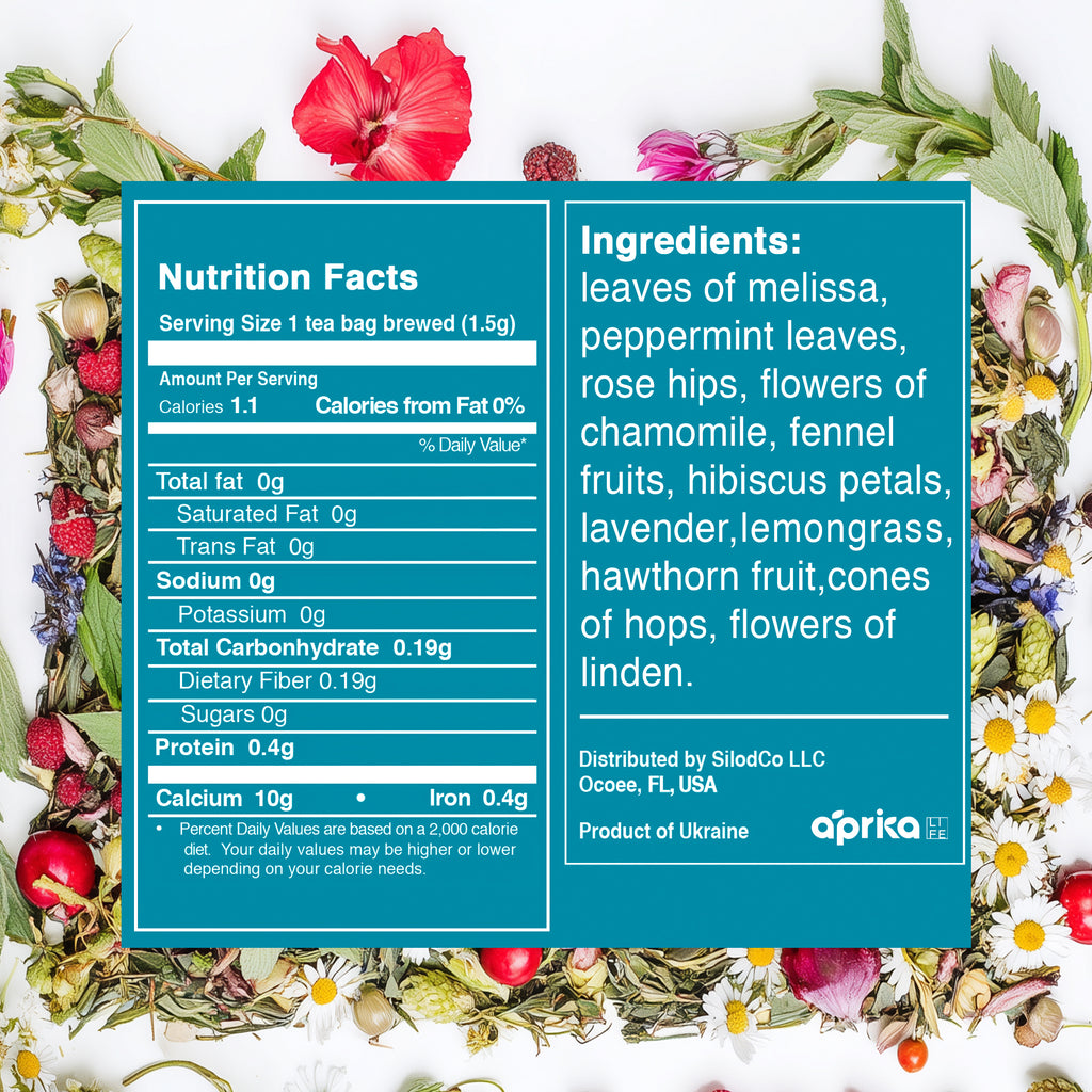 Herbal Sleep Tea, 60 Bags—nutrition label and ingredients showcased among dried herbs and colorful petals, offering a soothing, caffeine-free blend perfect for relaxation.