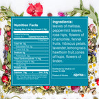 Herbal Sleep Tea, 60 Bags—nutrition label and ingredients showcased among dried herbs and colorful petals, offering a soothing, caffeine-free blend perfect for relaxation.